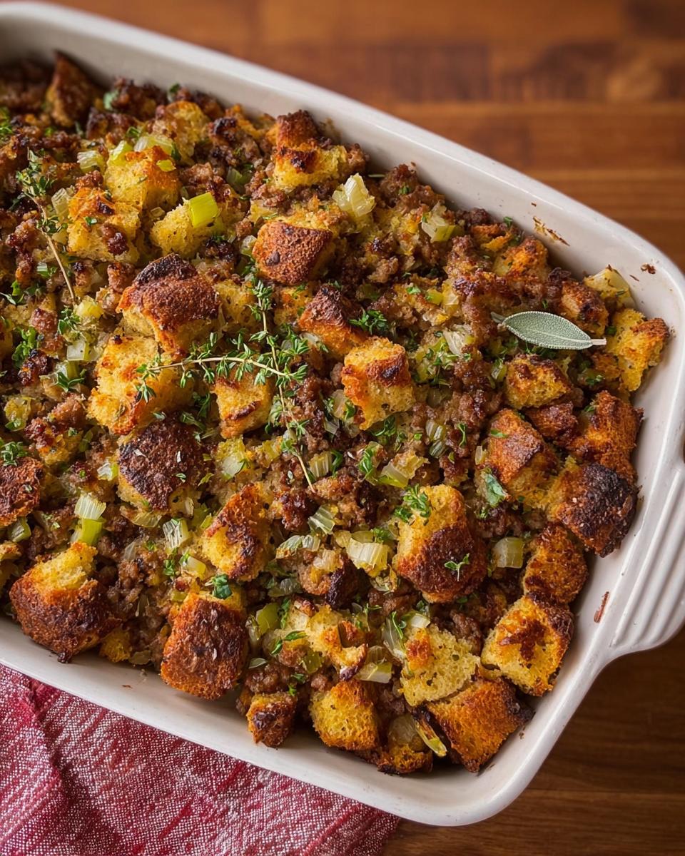 A close-up of a savory sausage stuffing recipe in a white baking dish, garnished with fresh herbs.