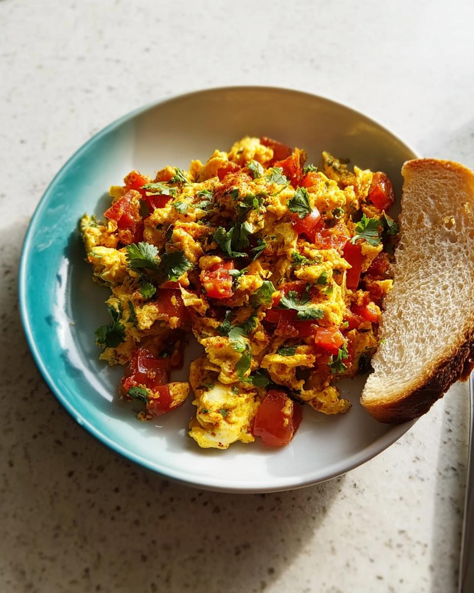 Scrambled egg recipes in 10 minutes with chopped tomatoes and fresh cilantro, served with a slice of toast.