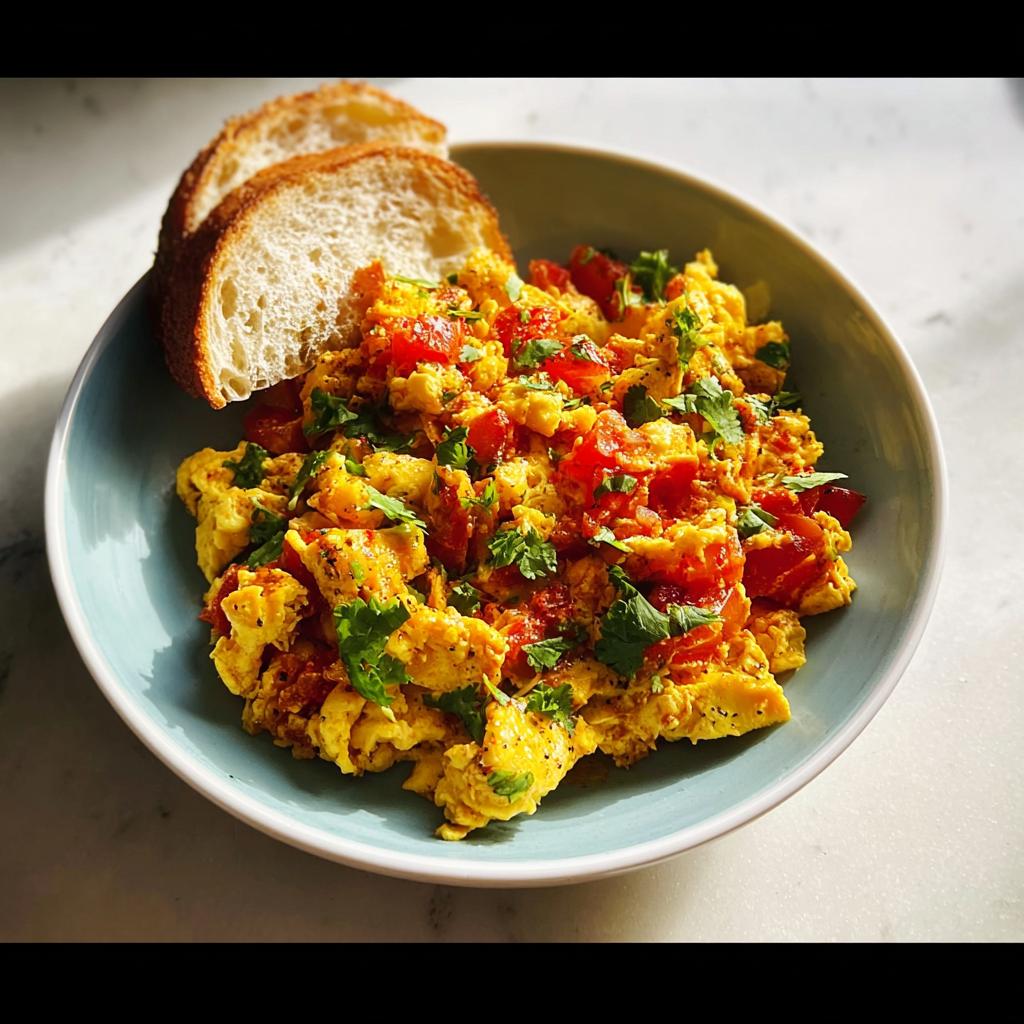 Scrambled eggs with diced tomatoes and fresh cilantro, served with two slices of toasted bread. A quick and easy egg recipe.