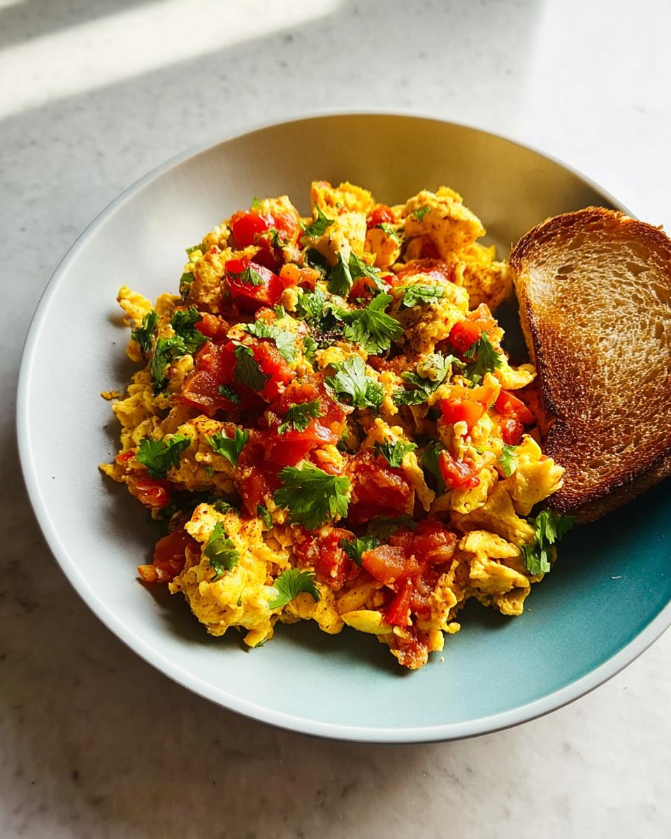 A close-up of fluffy scrambled eggs with diced tomatoes and fresh cilantro, served with a slice of toasted bread. A perfect example of egg recipes in 10 minutes.