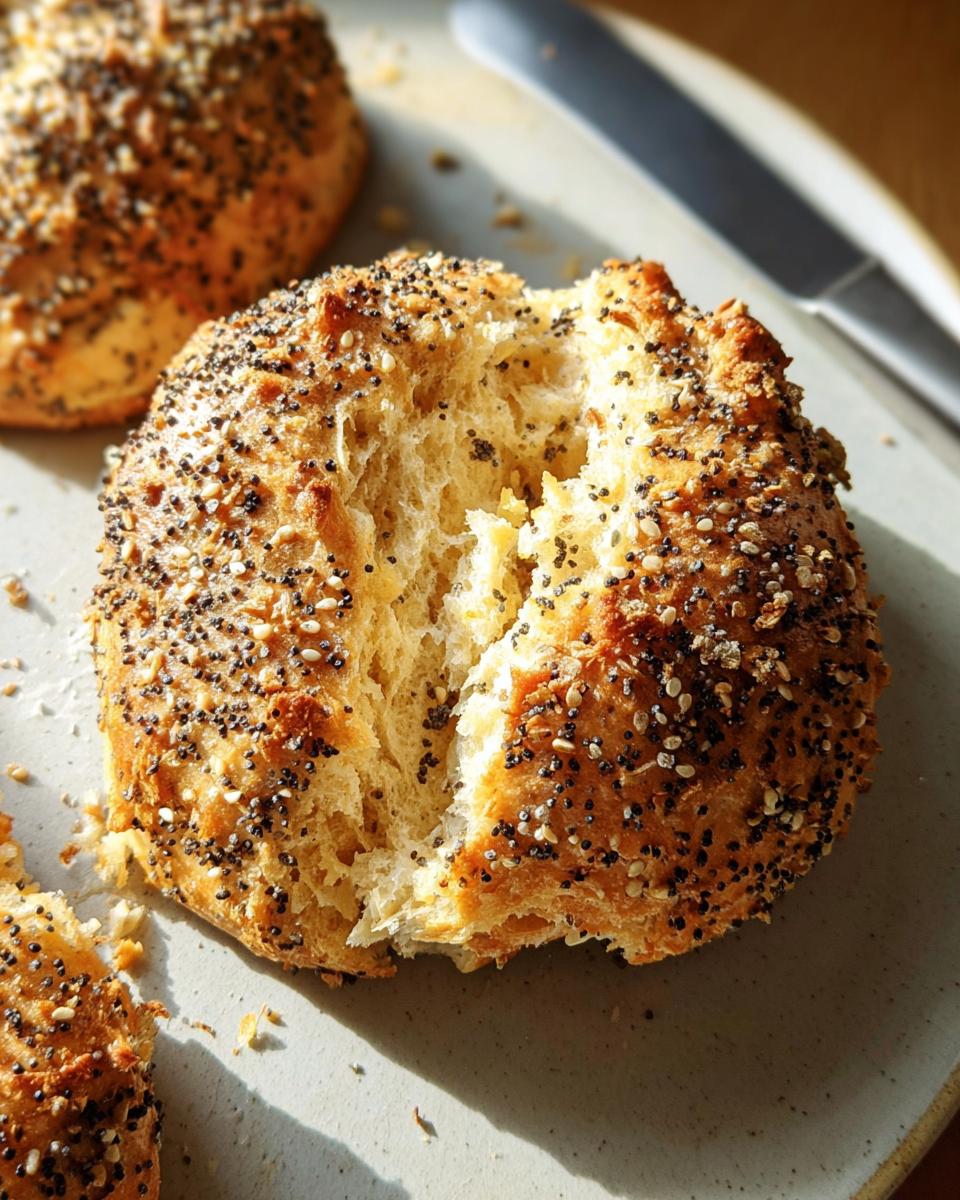 Close-up of a broken seeded roll, showcasing its fluffy interior and poppy and sesame seed topping. Part of a breakfast idea.