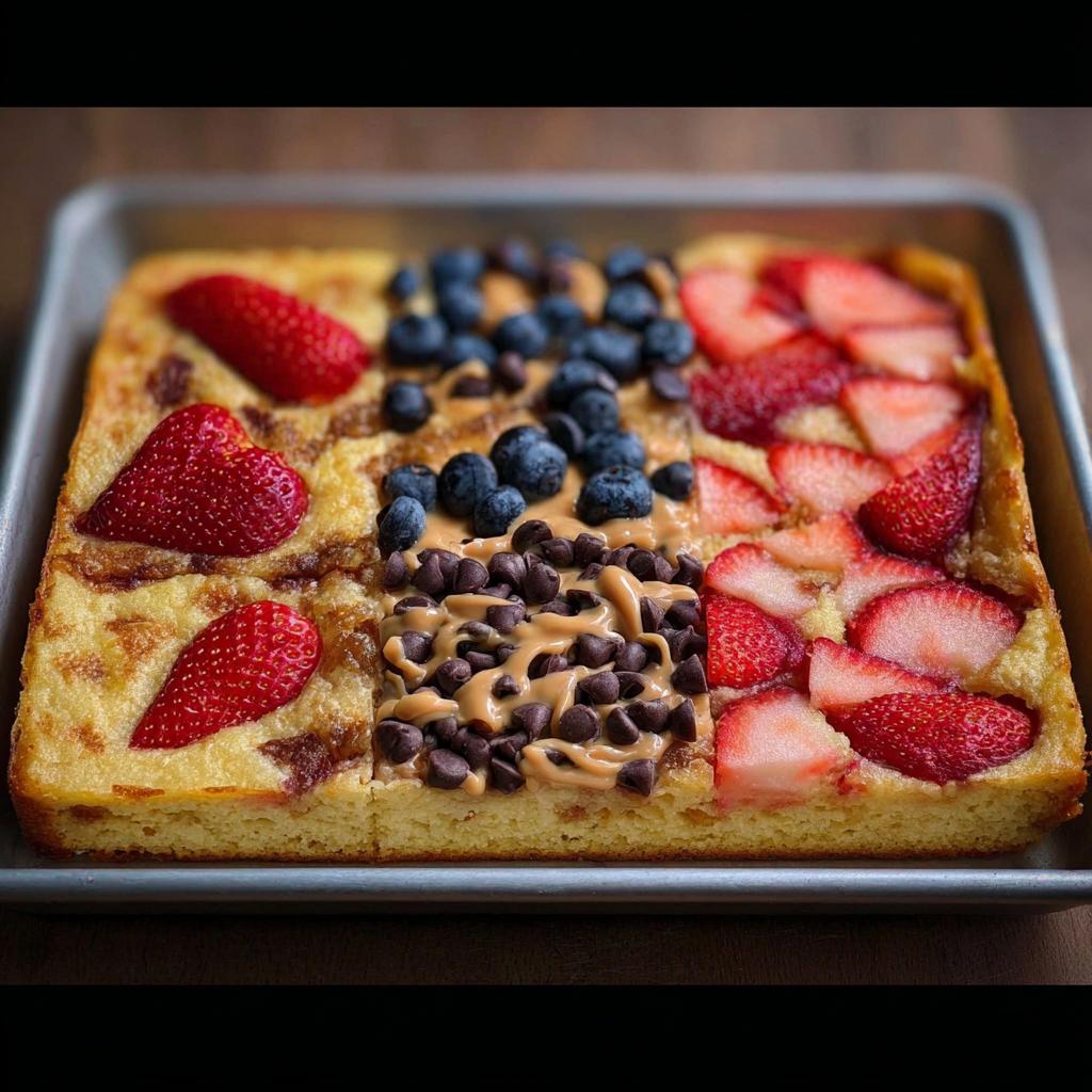 A sheet pan breakfast bake divided into sections with strawberries, blueberries, and chocolate chips, showcasing 10-Ingredient Breakfast Ideas Recipes.