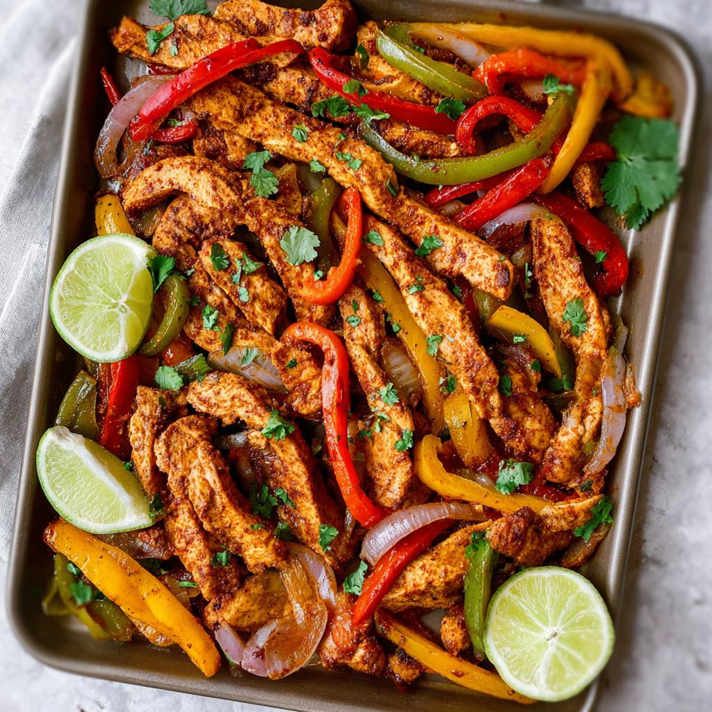 A colorful sheet pan filled with seasoned chicken strips, bell peppers, and onions, garnished with lime wedges and cilantro. A perfect example of 7 Genius Chicken Recipes.