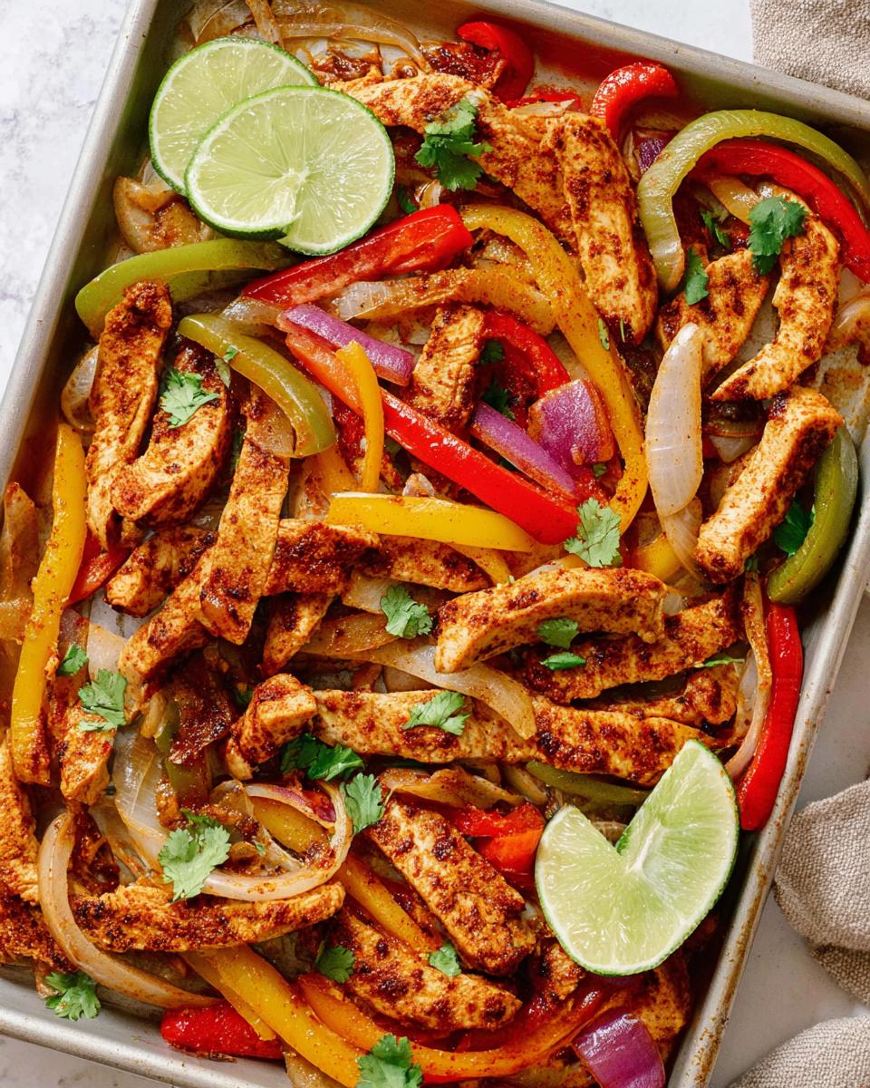 A colorful sheet pan filled with seasoned chicken strips, bell peppers, onions, and lime wedges, perfect for easy chicken recipes.