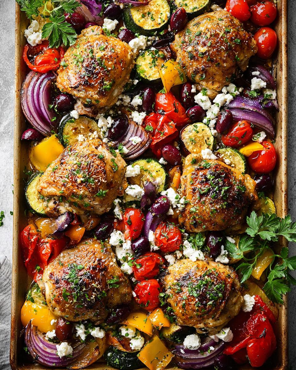 A vibrant sheet pan meal featuring roasted chicken thighs, colorful vegetables like zucchini, bell peppers, tomatoes, red onion, olives, and crumbled feta cheese.