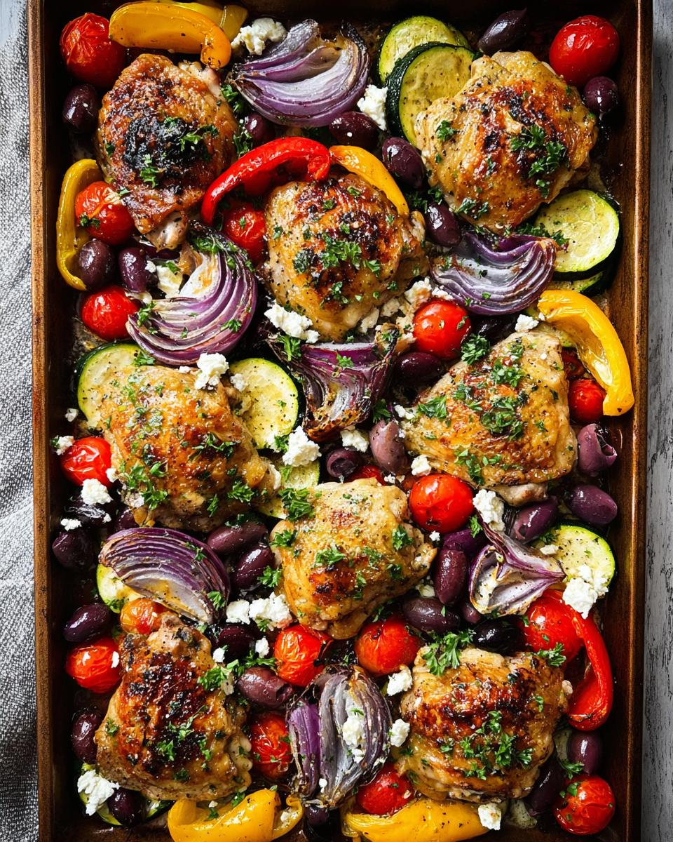 Overhead view of a sheet pan filled with baked chicken thighs, red onion, zucchini, bell peppers, cherry tomatoes, olives, and feta cheese.
