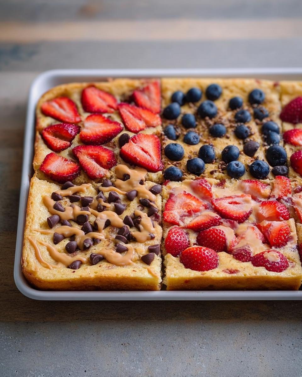 A sheet pan of pancakes cut into squares, topped with strawberries, blueberries, chocolate chips, and peanut butter drizzle. A perfect 10-ingredient breakfast idea.