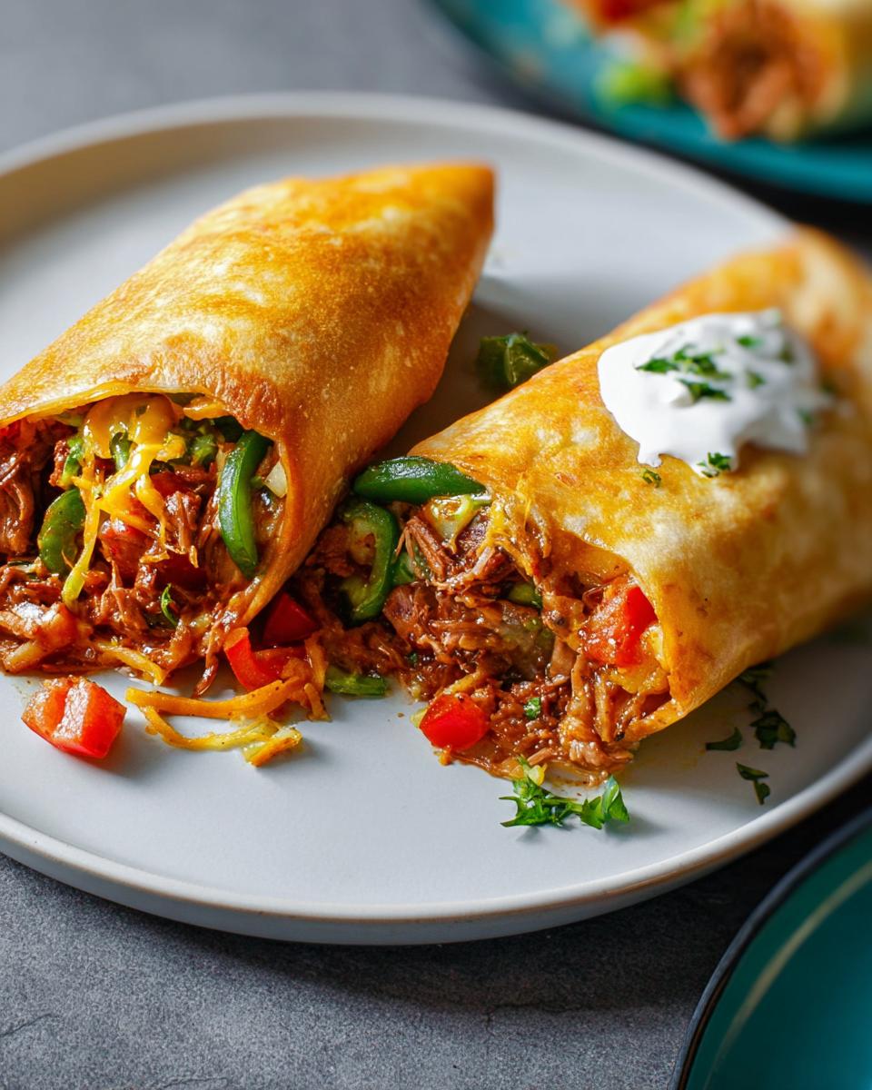 Two golden-brown shredded beef burritos filled with cheese, peppers, and tomatoes, served with sour cream.