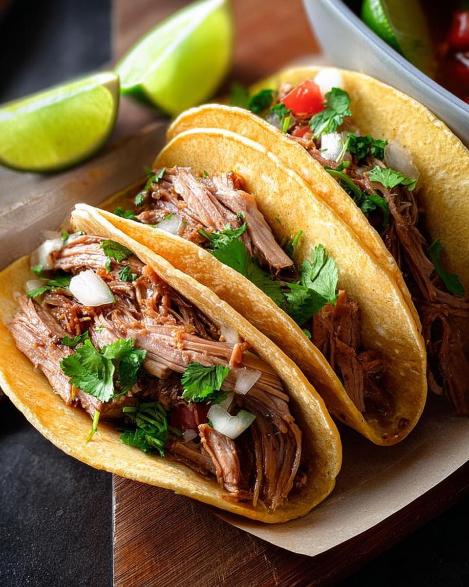 Three delicious shredded beef tacos on corn tortillas, topped with cilantro and onion, perfect for Taco Tuesday Recipes.