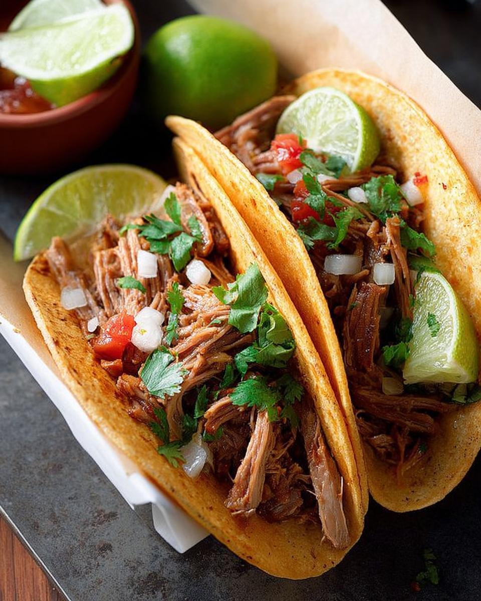 Close-up of two shredded meat tacos, garnished with lime, cilantro, onion, and tomato. Perfect for Taco Tuesday recipes.