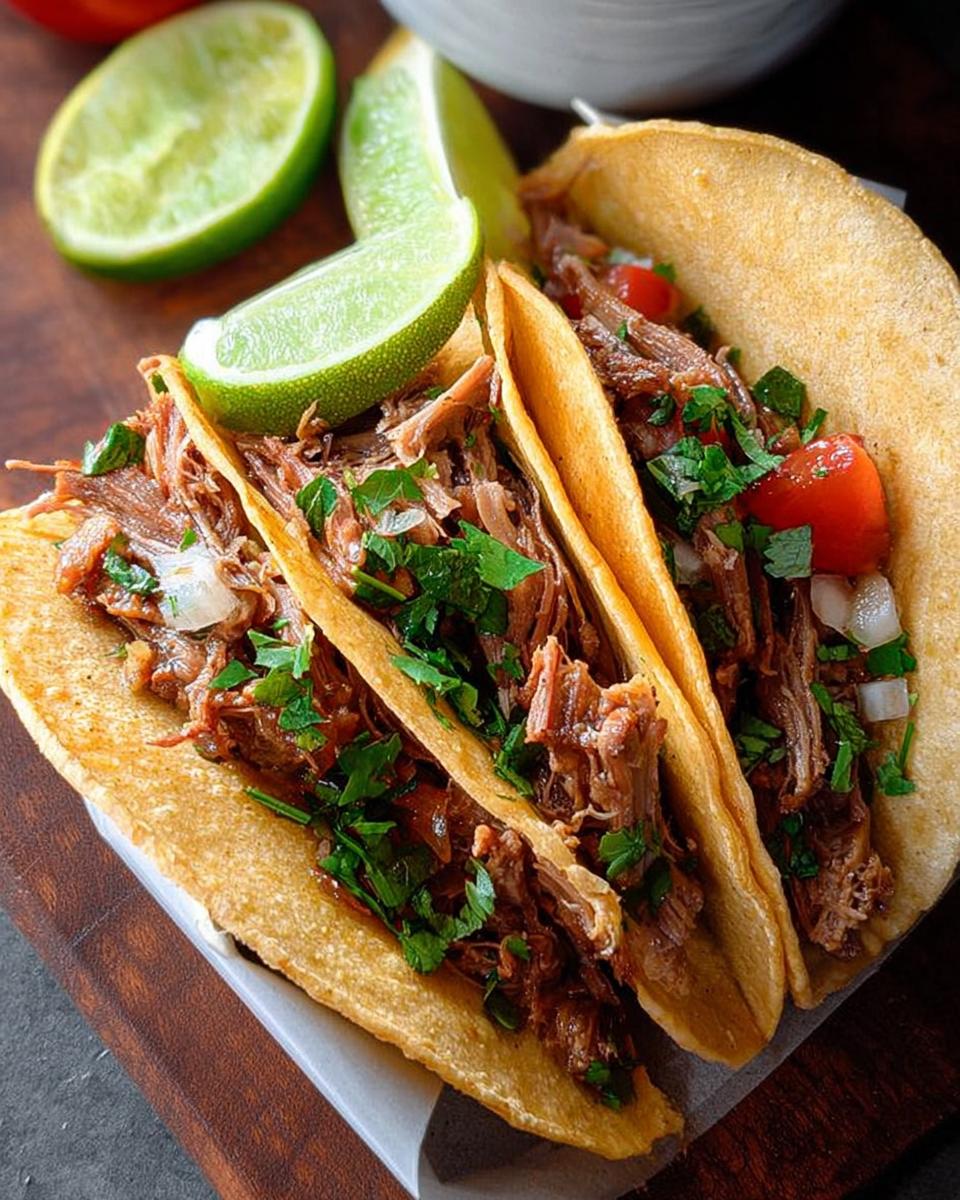Close-up of three shredded meat tacos, garnished with cilantro, onion, tomato, and lime wedges, perfect for Taco Tuesday Recipes.