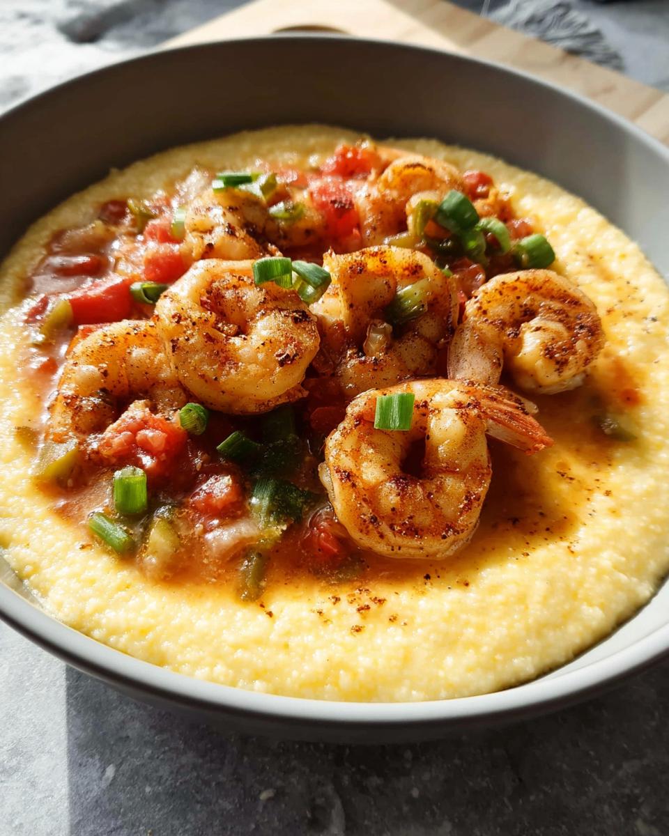 Close-up of a bowl of shrimp and grits, featuring plump, seasoned shrimp over creamy grits, garnished with scallions.