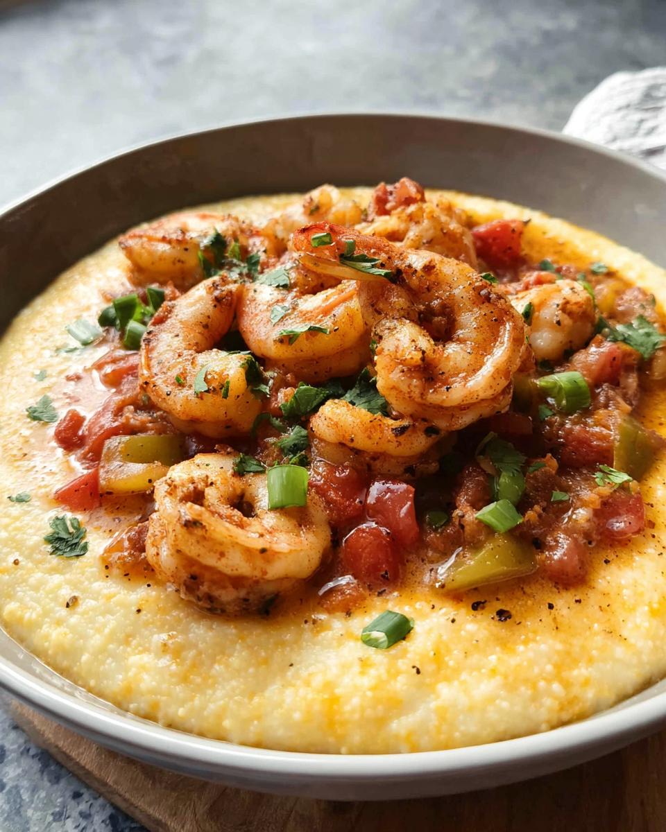 A close-up of a bowl of shrimp and grits, featuring plump shrimp in a savory sauce over creamy grits, garnished with herbs.