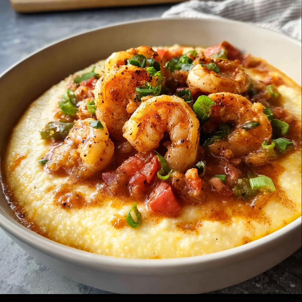Close-up of creamy grits topped with seasoned shrimp, diced tomatoes, and scallions. A perfect example of 25-Ingredient Shrimp Recipes.
