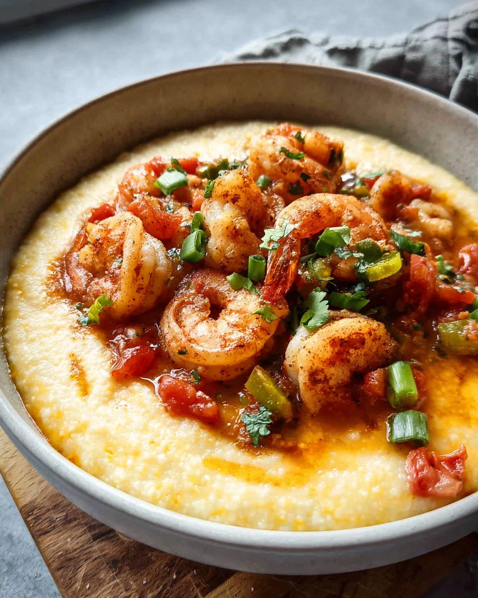 A close-up of a bowl of creamy grits topped with seasoned shrimp, diced tomatoes, and green onions.