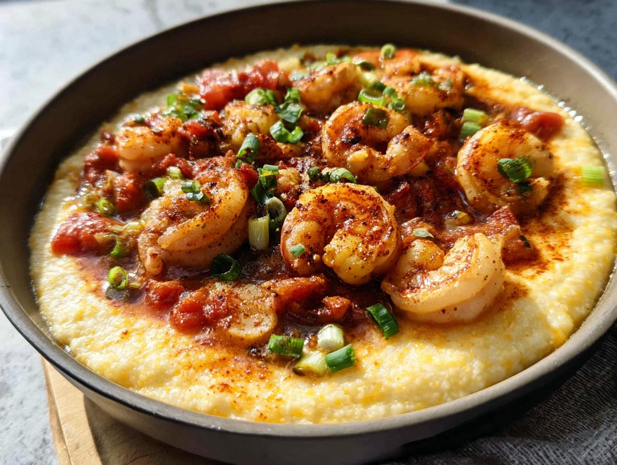 A close-up of a bowl of shrimp and grits, featuring plump shrimp in a savory sauce over creamy grits, garnished with green onions.