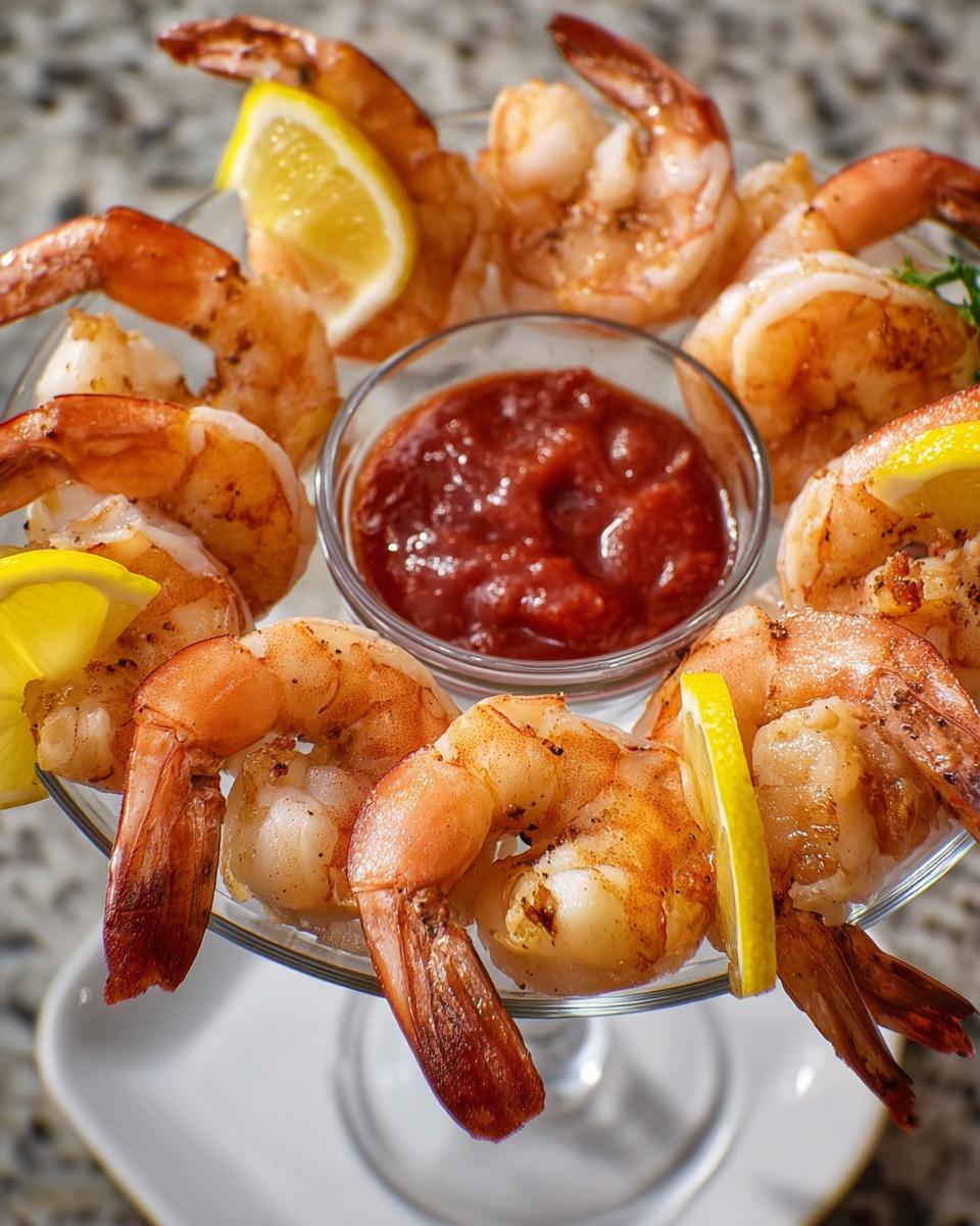 A beautifully arranged shrimp cocktail with lemon wedges and cocktail sauce, perfect for any shrimp recipe.