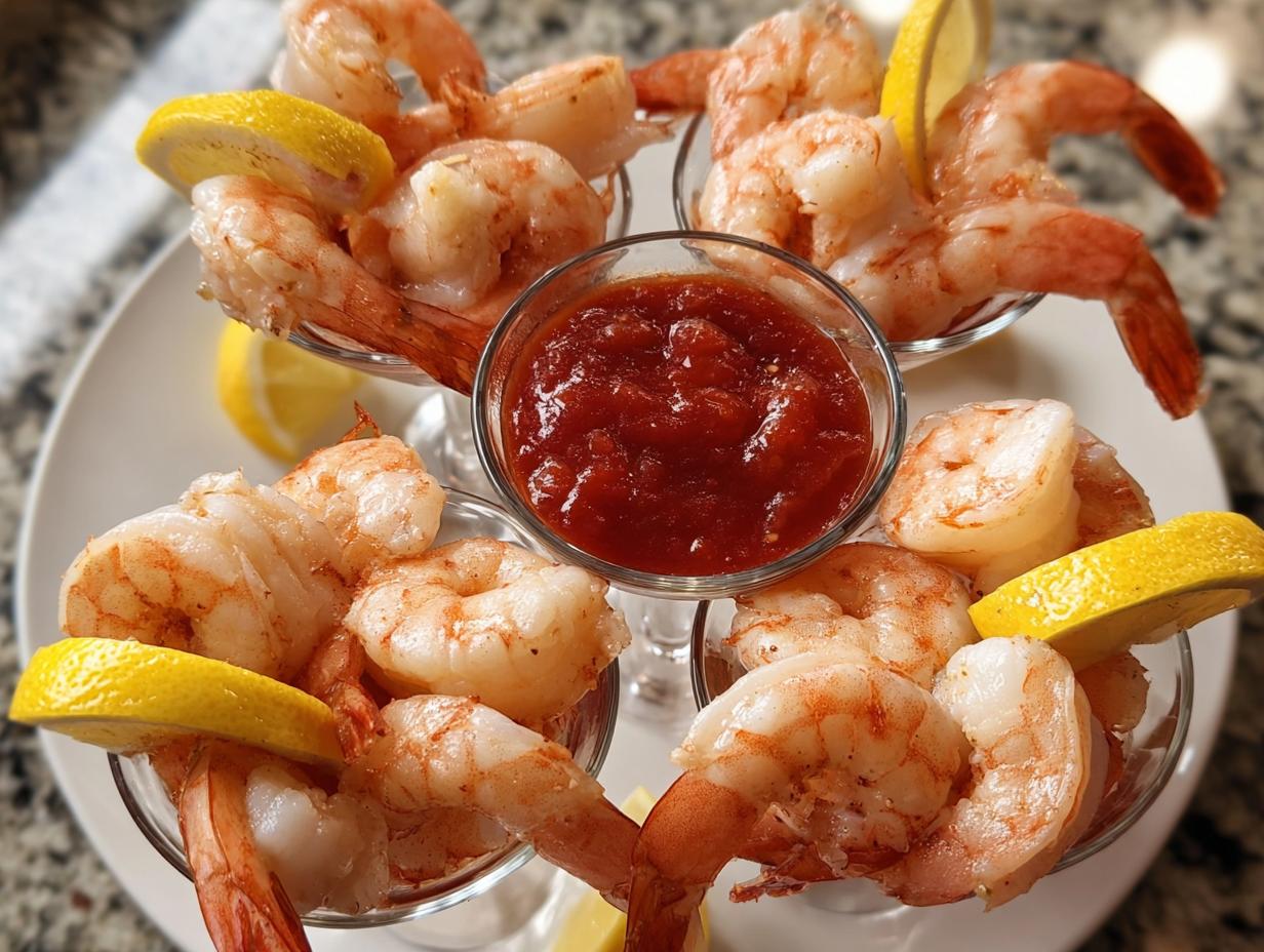Close-up of perfectly cooked shrimp cocktail served in glasses with lemon wedges and cocktail sauce.
