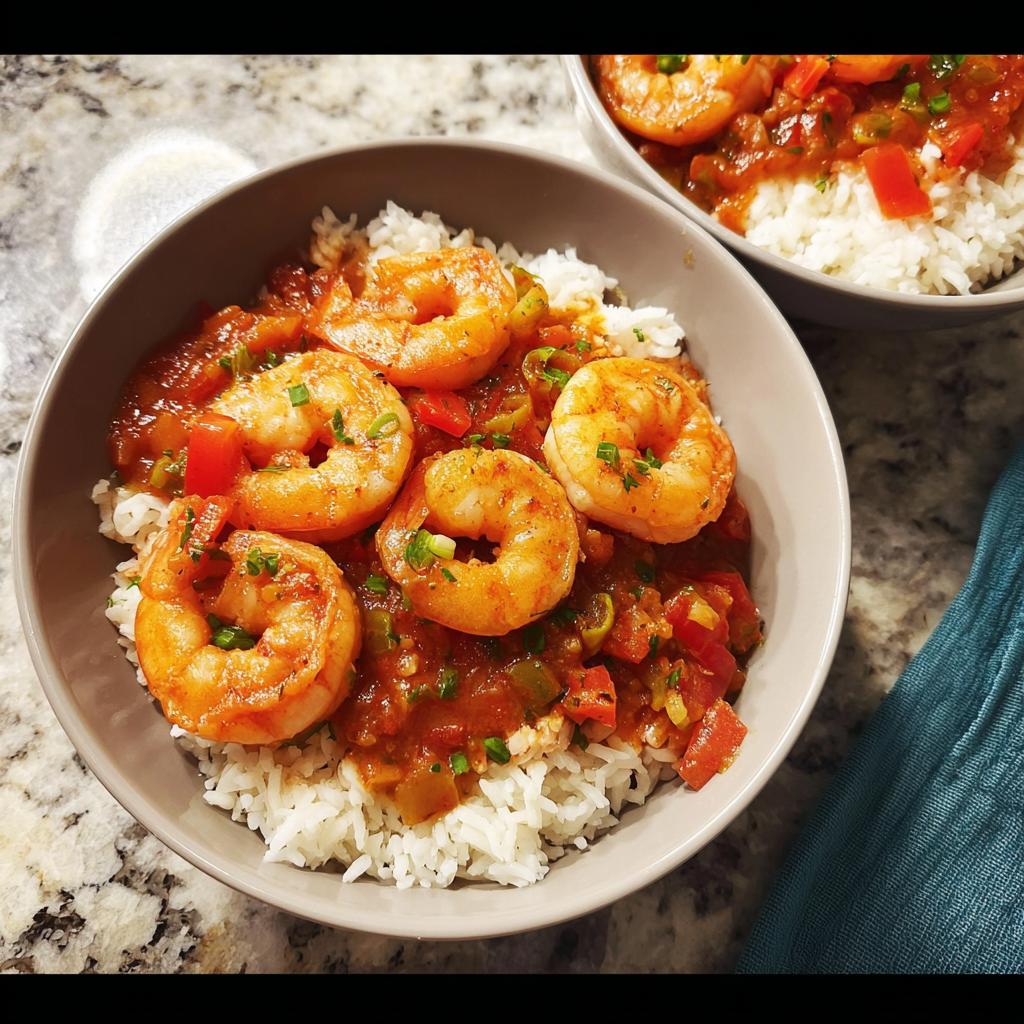 A close-up of a bowl filled with white rice and topped with a rich tomato-based sauce and plump shrimp, a perfect shrimp recipe.