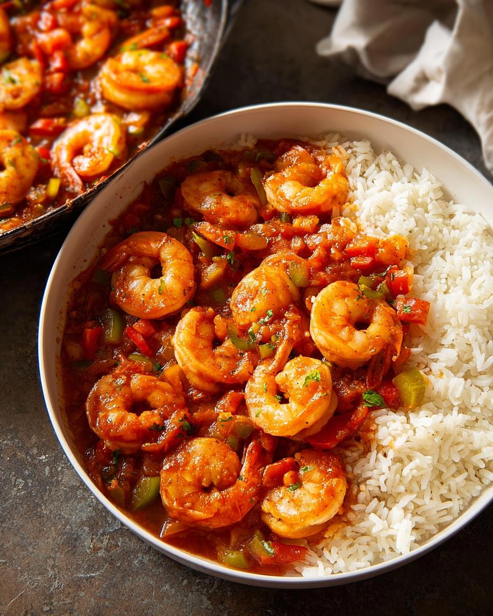 A bowl of white rice topped with a rich tomato-based sauce filled with plump shrimp and chopped vegetables, a classic shrimp recipe.
