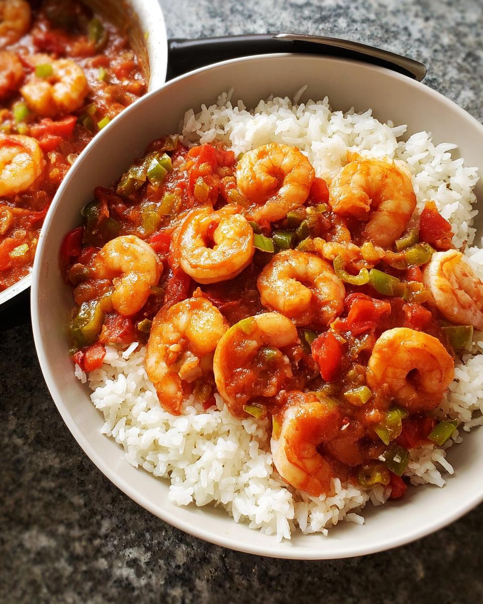 A bowl of fluffy white rice topped with a rich tomato-based sauce and plump, cooked shrimp. This is a delicious shrimp recipe.