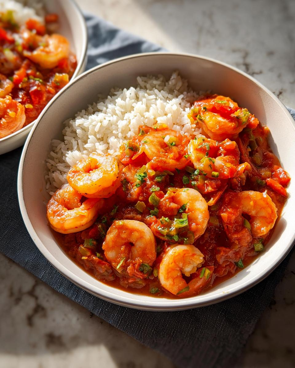 A close-up of a bowl filled with fluffy white rice and topped with a rich tomato-based shrimp recipe, garnished with green herbs.