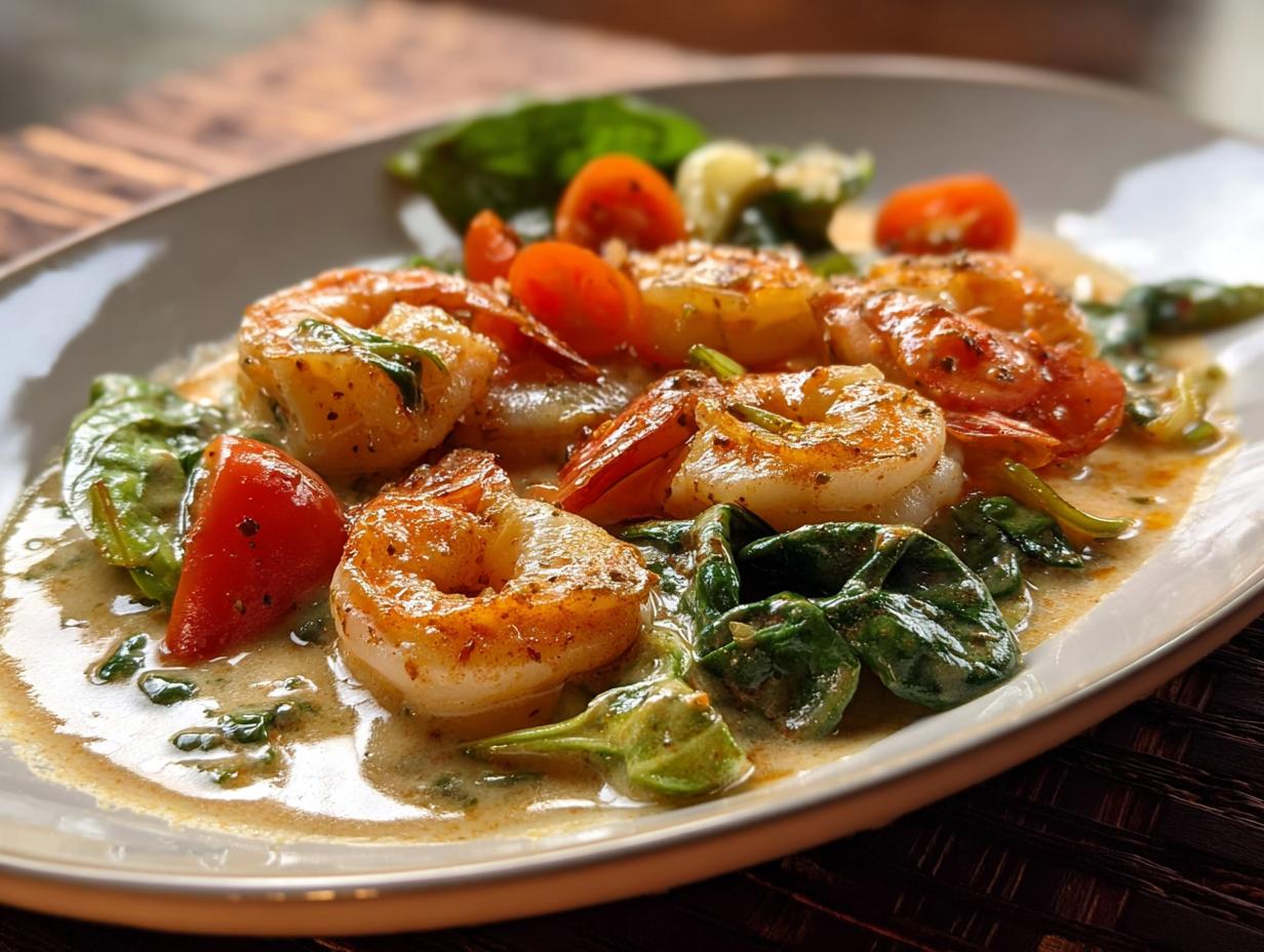 A close-up of a delicious shrimp recipe featuring plump shrimp, cherry tomatoes, and fresh spinach in a creamy sauce.