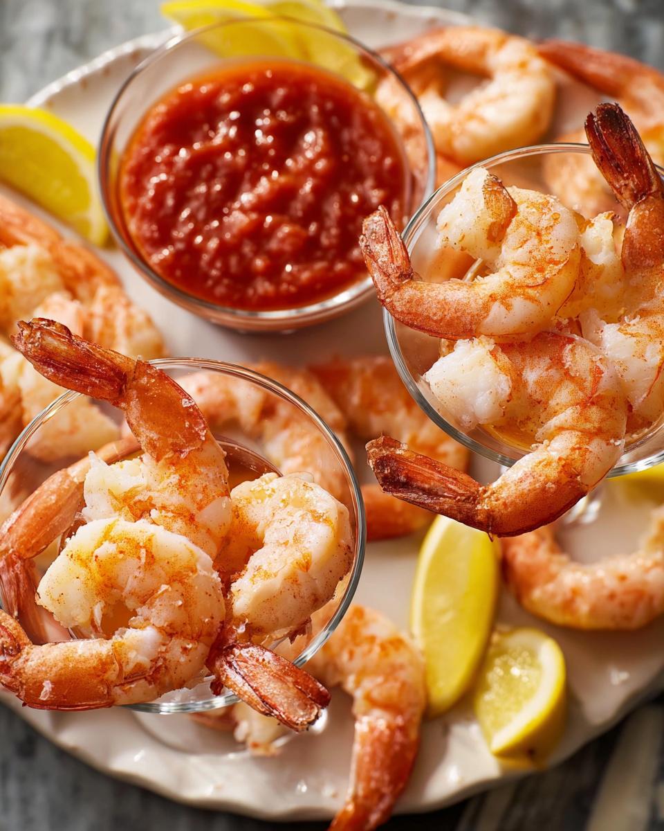 Close-up of a shrimp cocktail platter featuring cooked shrimp, cocktail sauce, and lemon wedges.