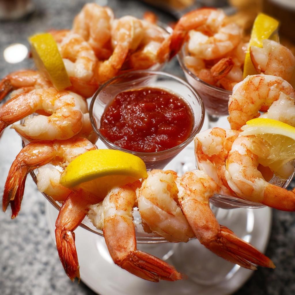 A platter of chilled cocktail shrimp recipes served with lemon wedges and cocktail sauce.