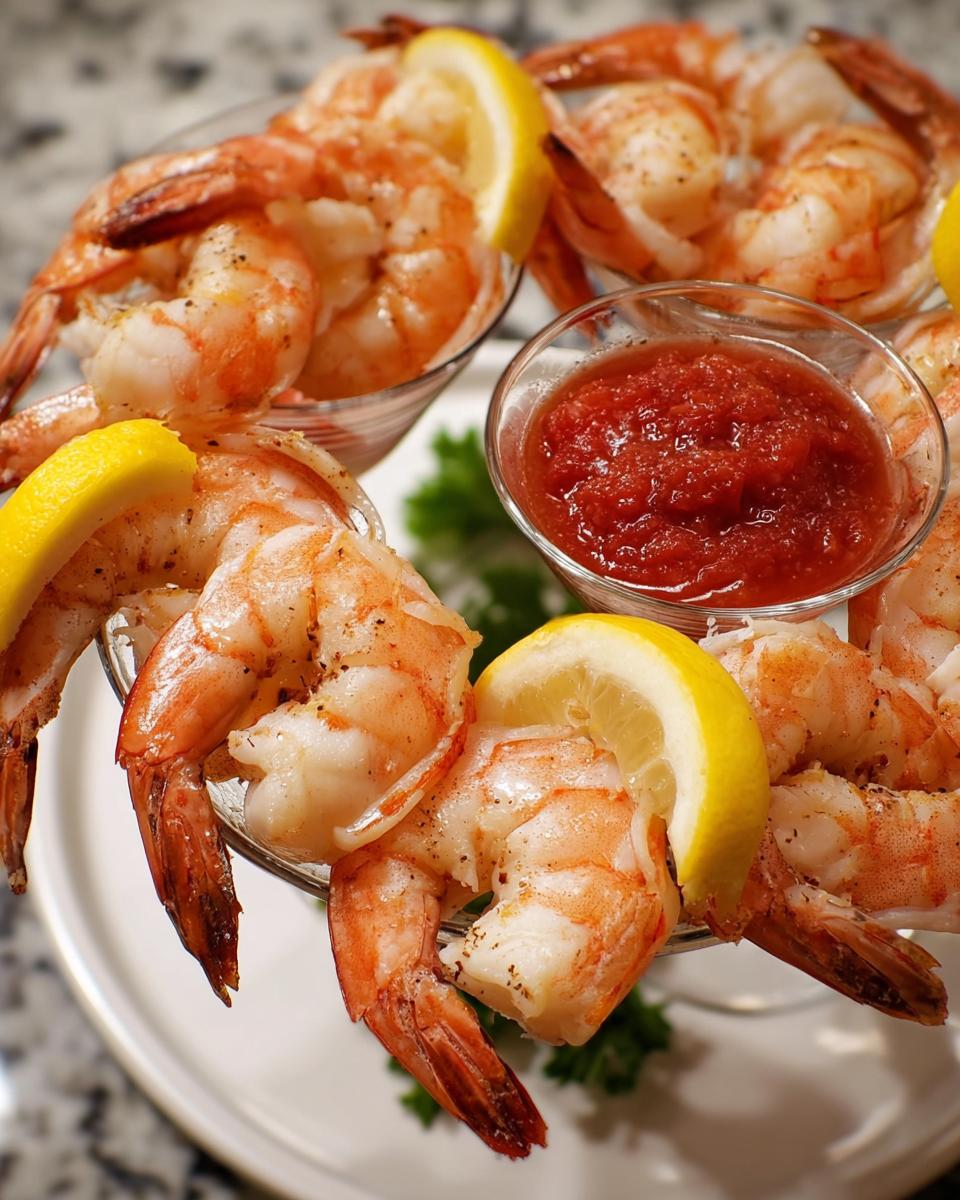 A close-up of a classic shrimp cocktail appetizer, featuring large cooked shrimp served in martini glasses with cocktail sauce and lemon wedges.