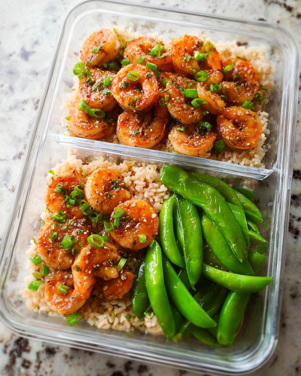 Meal prep container with brown rice, glazed shrimp, and snap peas. A great option for shrimp recipes meal prep.