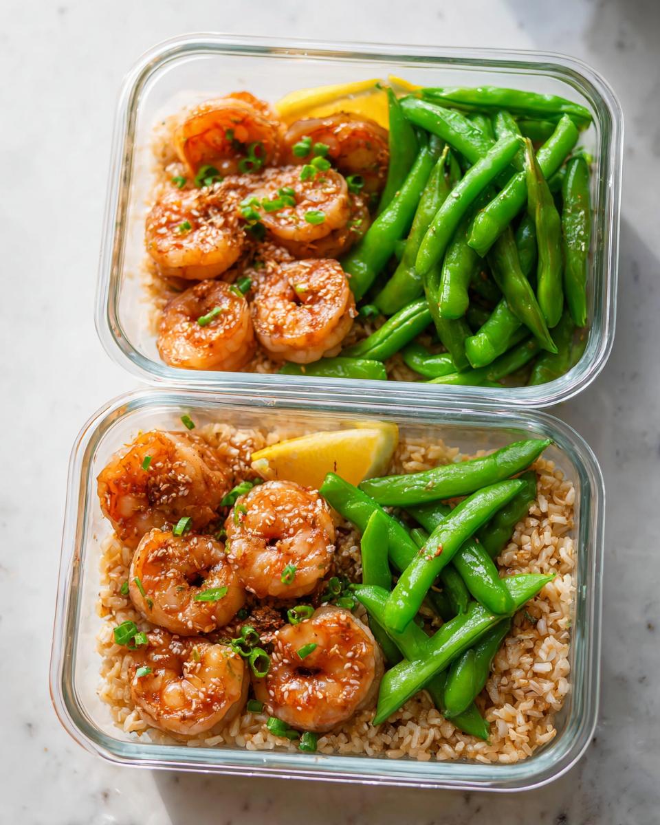 Two meal prep containers filled with brown rice, seasoned shrimp, and green beans, perfect for shrimp recipes meal prep.