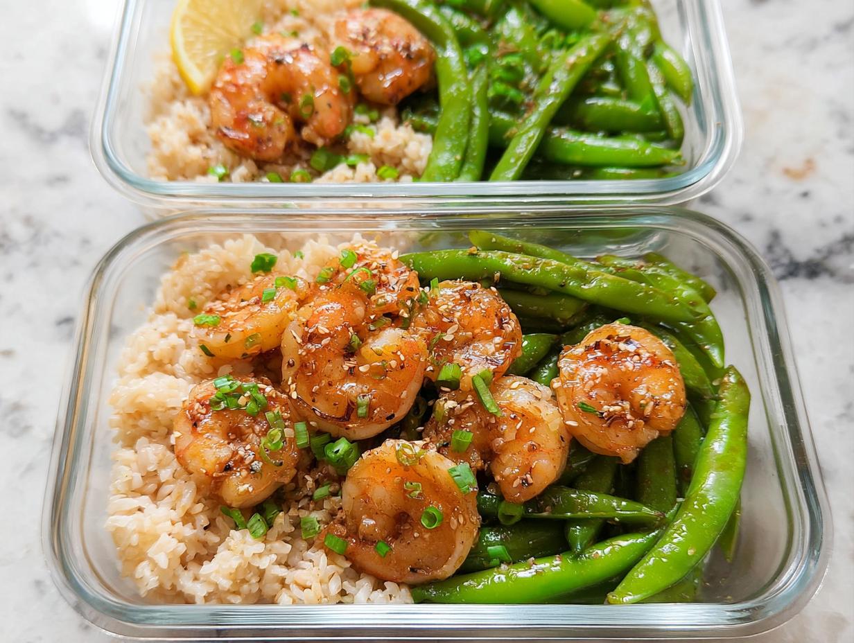 Two meal prep containers filled with brown rice, glazed shrimp, and snap peas. One container has a lemon wedge.