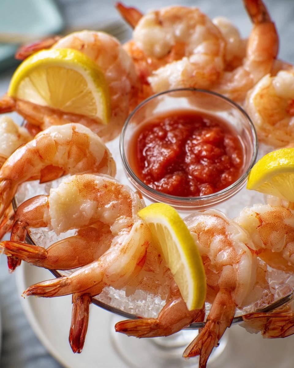 A platter of perfectly cooked shrimp recipes served on ice with lemon wedges and cocktail sauce.