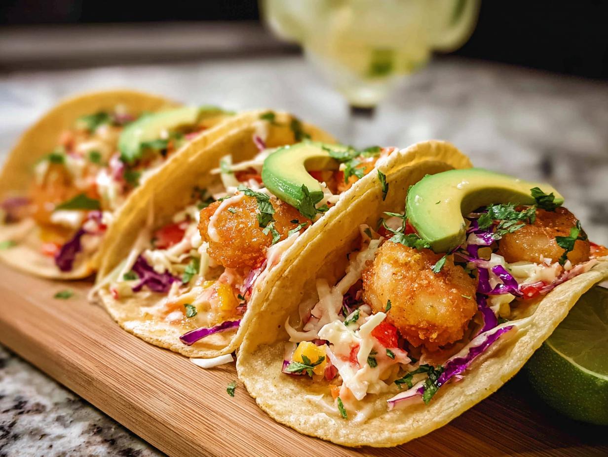 Close-up of three shrimp tacos filled with crispy shrimp, slaw, avocado, and cilantro. Part of shrimp recipes in 12 minutes.