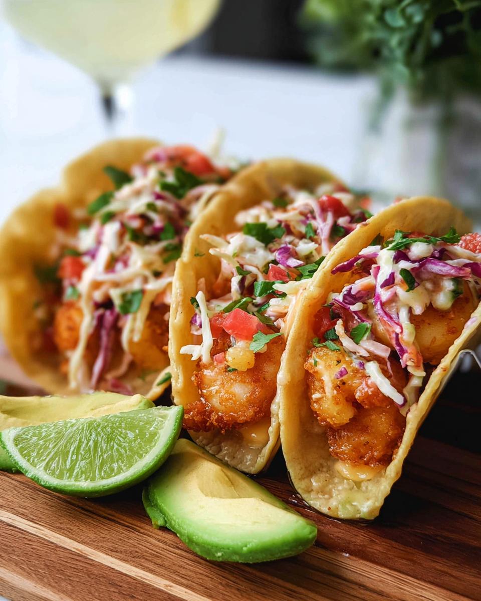 Close-up of three crispy shrimp tacos topped with slaw and cilantro, served with avocado and lime.