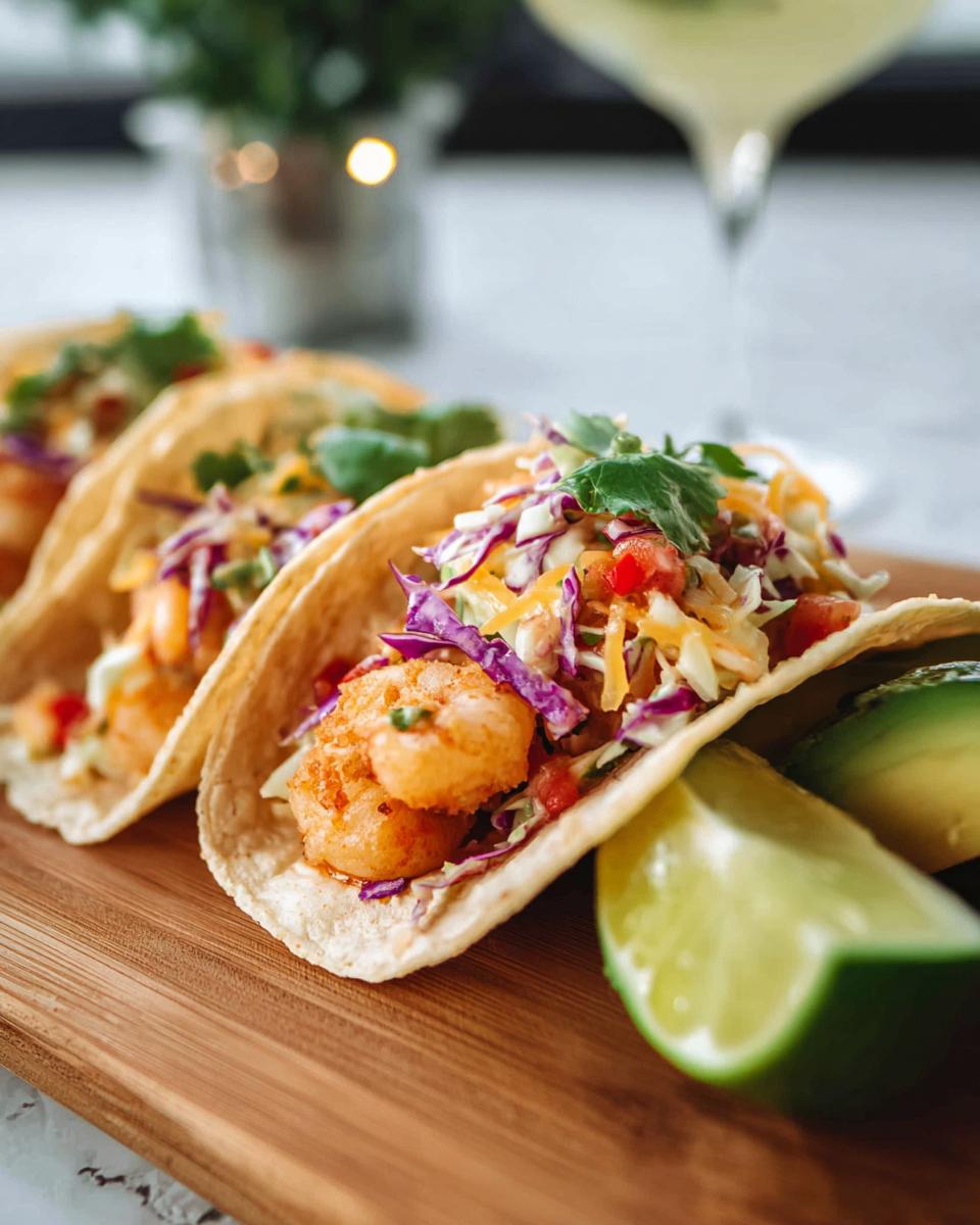 Close-up of three shrimp tacos on a wooden board, filled with shrimp, slaw, and cheese, garnished with lime and avocado.