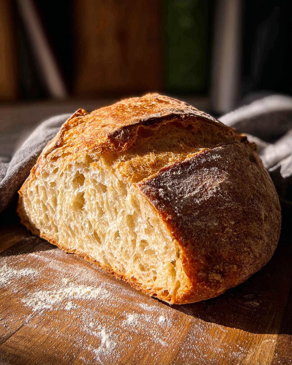 A golden-brown, crusty loaf of sourdough bread, sliced open to reveal a soft, airy interior. Perfect for healthy meals recipes.