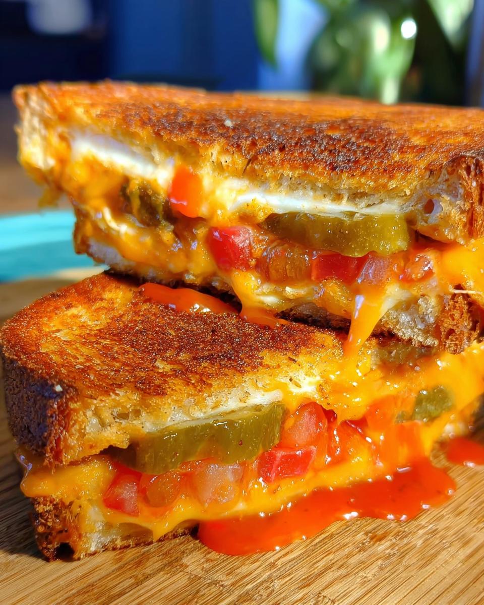 Close-up of a gooey grilled cheese sandwich with pickles, tomatoes, and a drizzle of hot sauce.