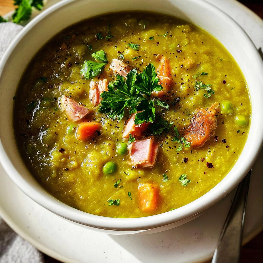 A bowl of hearty split pea soup with ham, carrots, and peas, garnished with parsley.