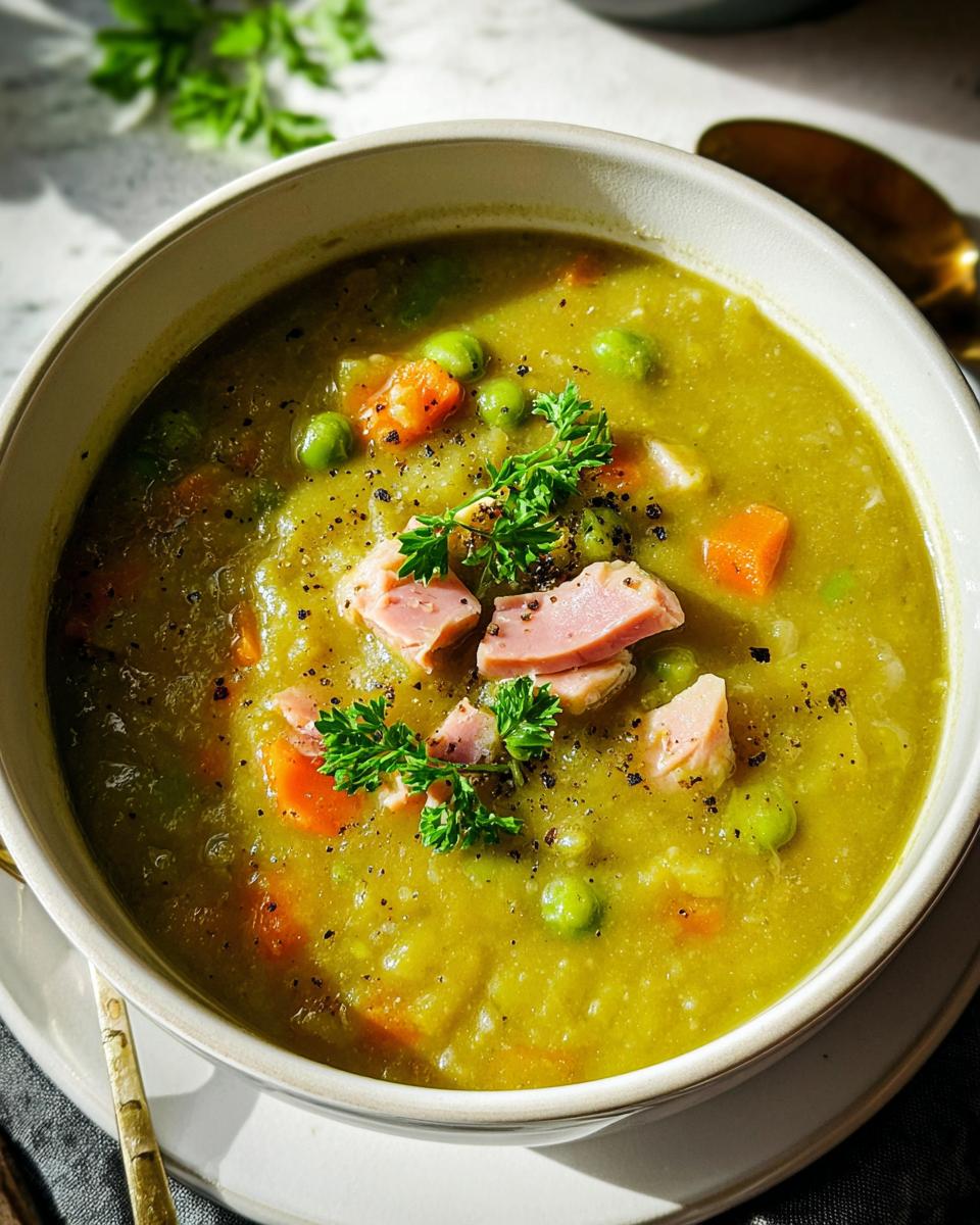 A close-up of a bowl of hearty split pea soup, garnished with ham, carrots, peas, and parsley.