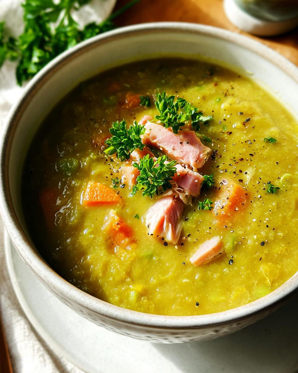 A close-up of a bowl of hearty split pea soup with ham, carrots, and parsley, showcasing one of the best soup recipes.