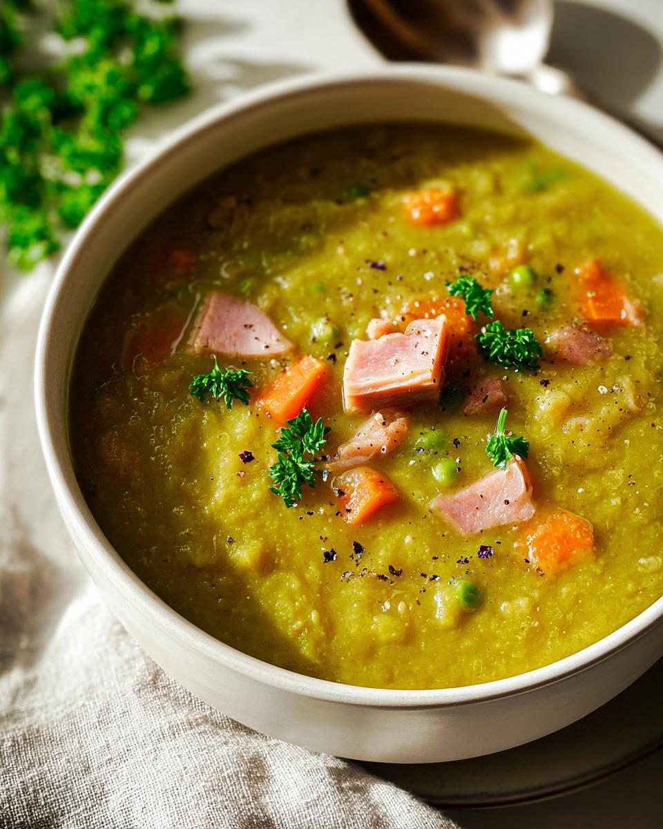 A close-up of a bowl of split pea soup with ham, carrots, and peas, garnished with parsley.