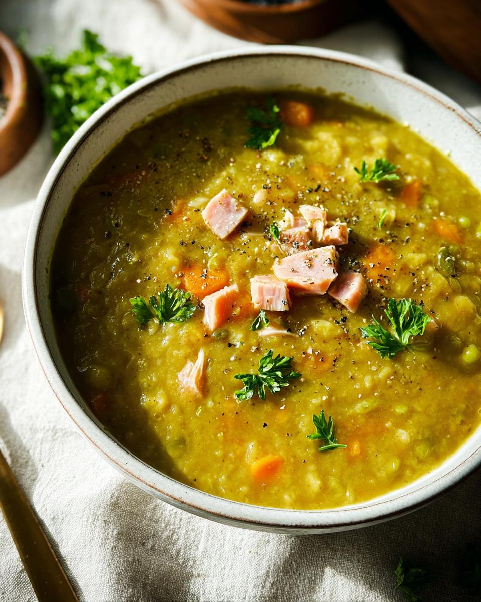 A bowl of hearty split pea soup with ham, carrots, and parsley, a perfect example of how to make soup recipes like a pro.
