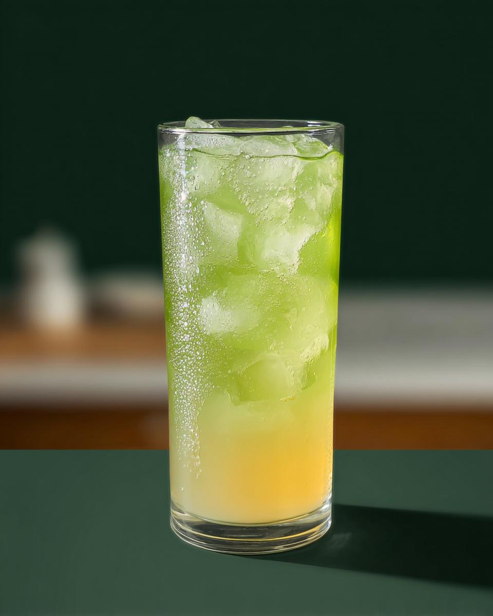 A tall glass filled with ice and a layered green and yellow Starbucks drink.
