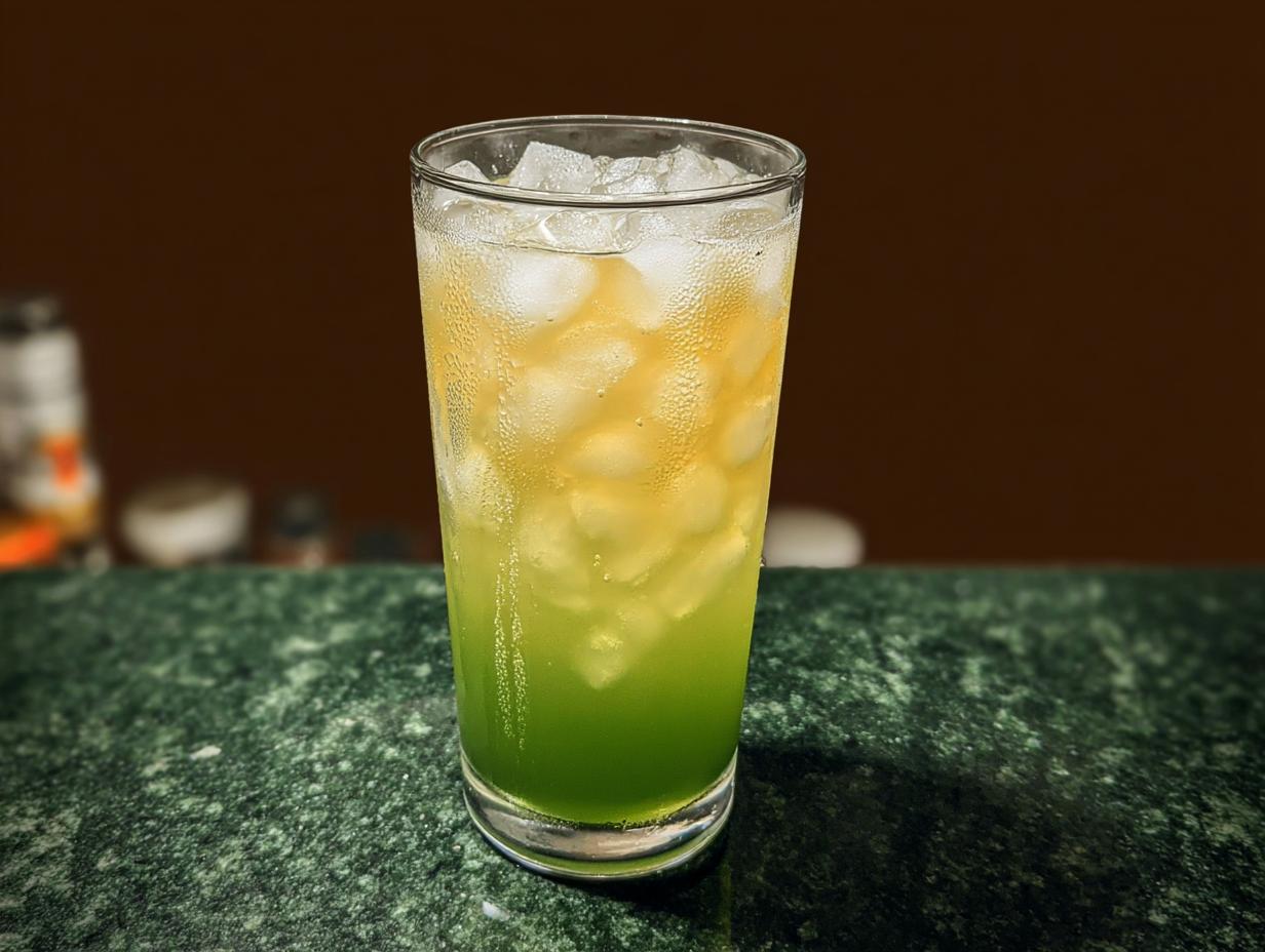A tall glass filled with ice and a layered green and yellow Starbucks drink, part of our 20-Ingredient Starbucks Drinks Recipes.