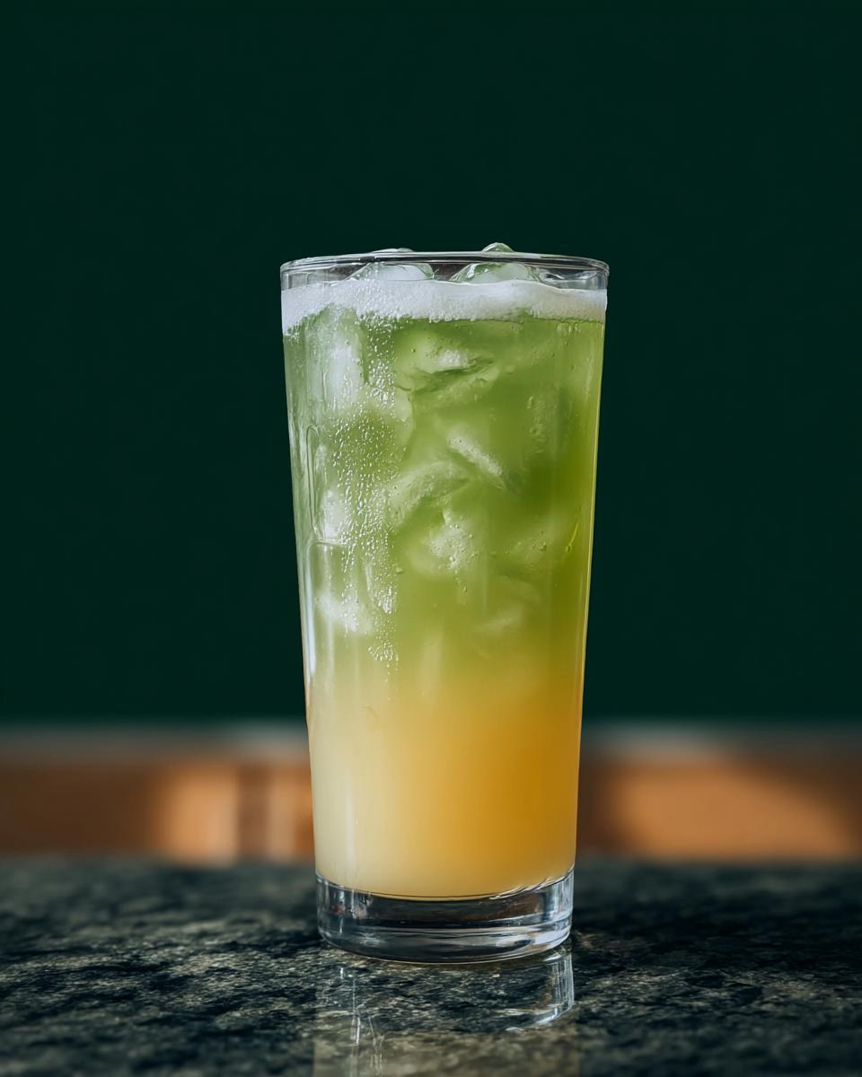 A tall glass filled with ice and a layered green and yellow Starbucks drink, topped with foam.