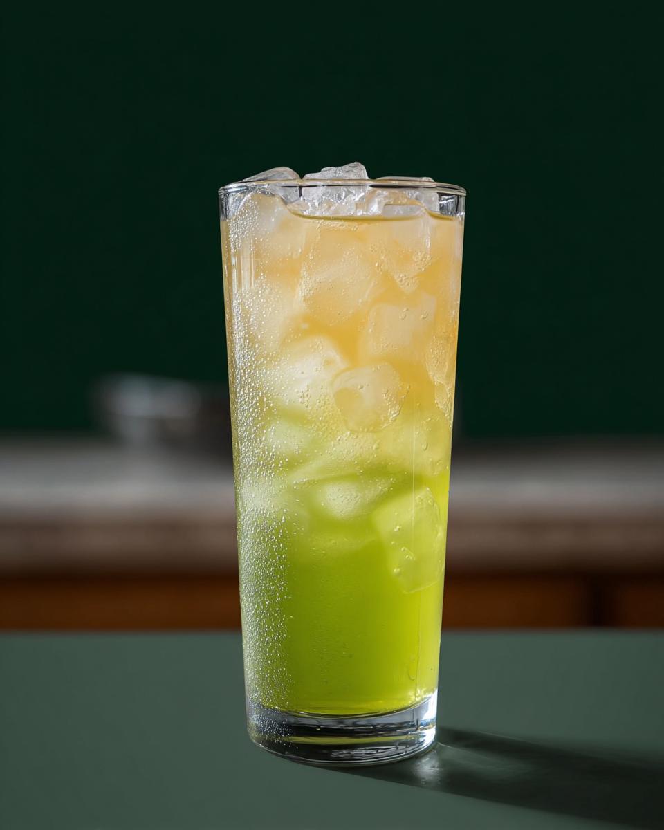 A layered green and yellow Starbucks drink with ice in a tall glass, part of 20-Ingredient Starbucks Drinks Recipes.