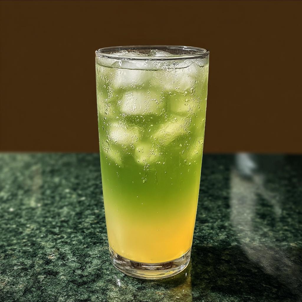 A tall glass filled with ice and a layered green and yellow Starbucks drink.
