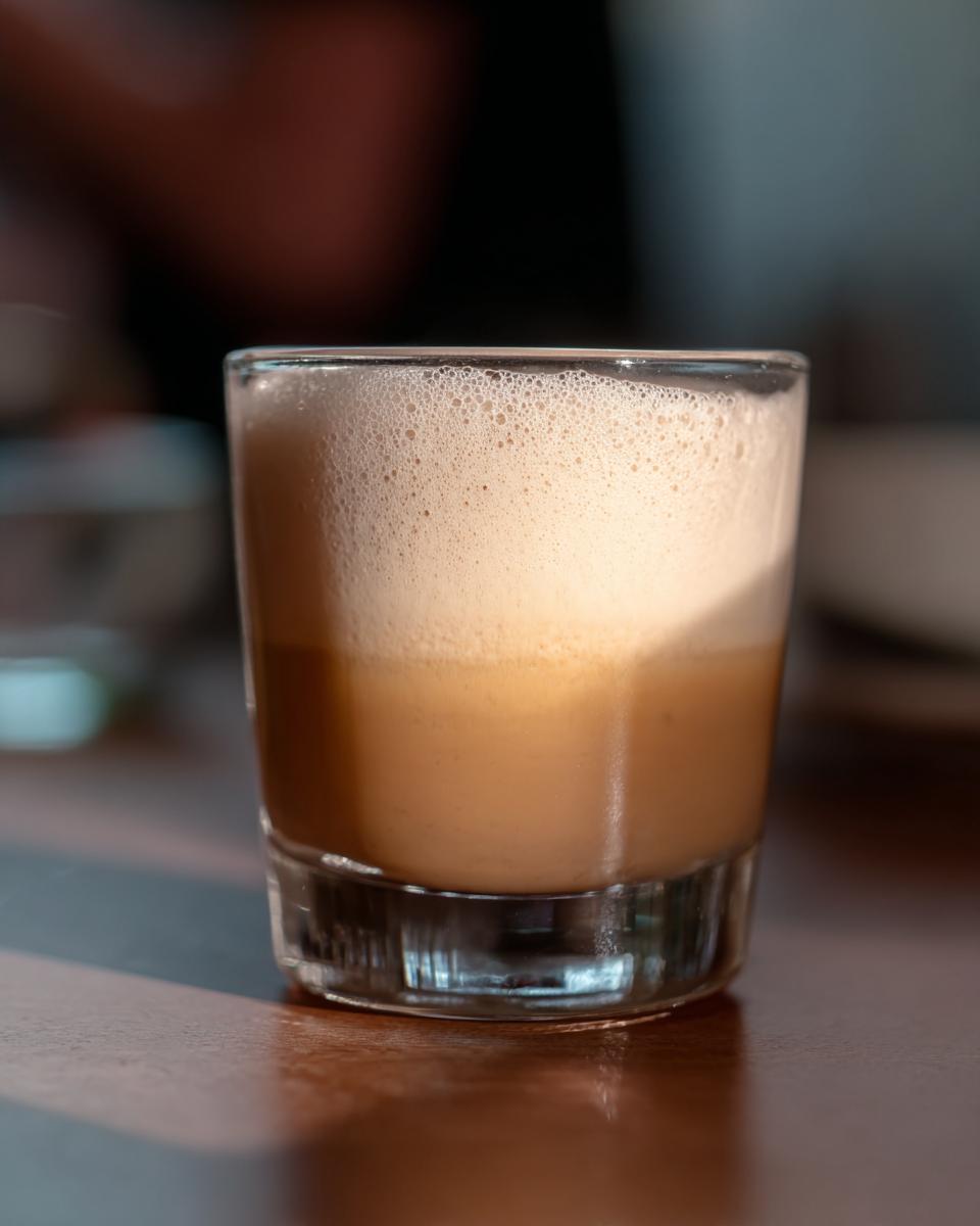 A close-up of a glass filled with a layered Starbucks drink recipe, topped with thick foam.